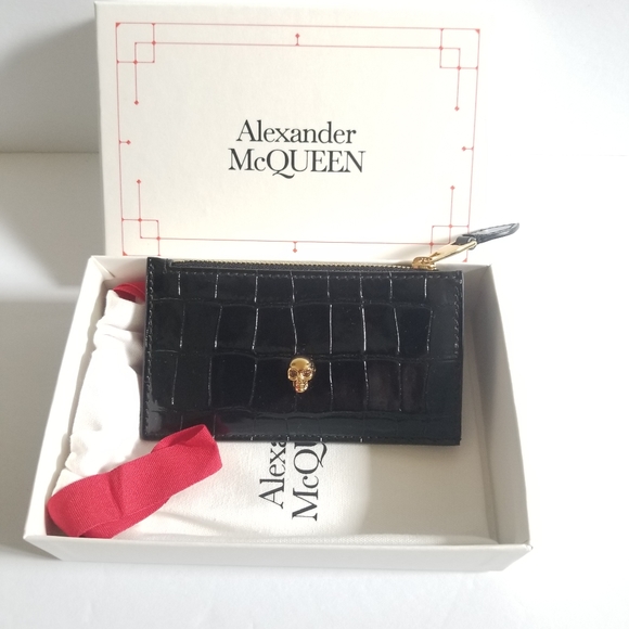 Alexander McQueen Croc-Embossed Leather Skull Card Holder Black Gold - Picture 2 of 8